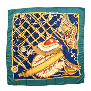 Silk Scarf Equestrian Blue Gold Hand-Sewn Edges 45x45" Square Large Unbranded